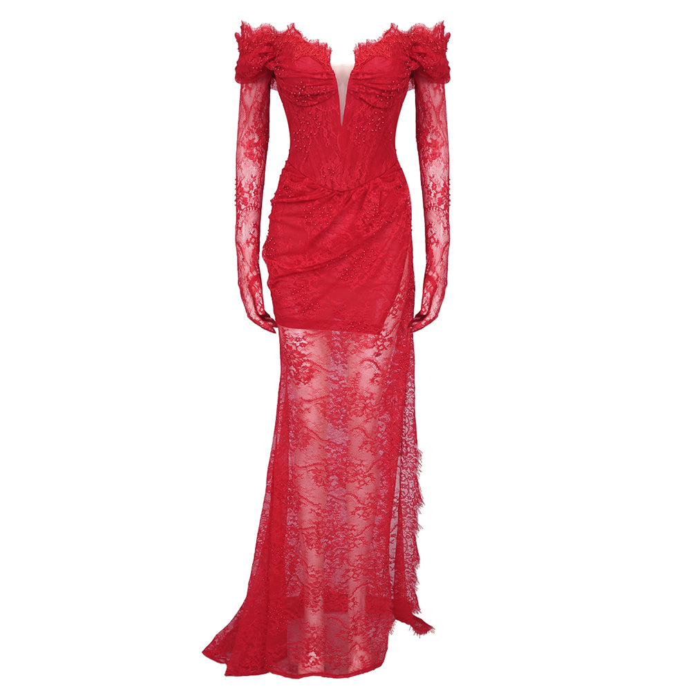 Strapless Lace Corset Maxi Dress HV9985