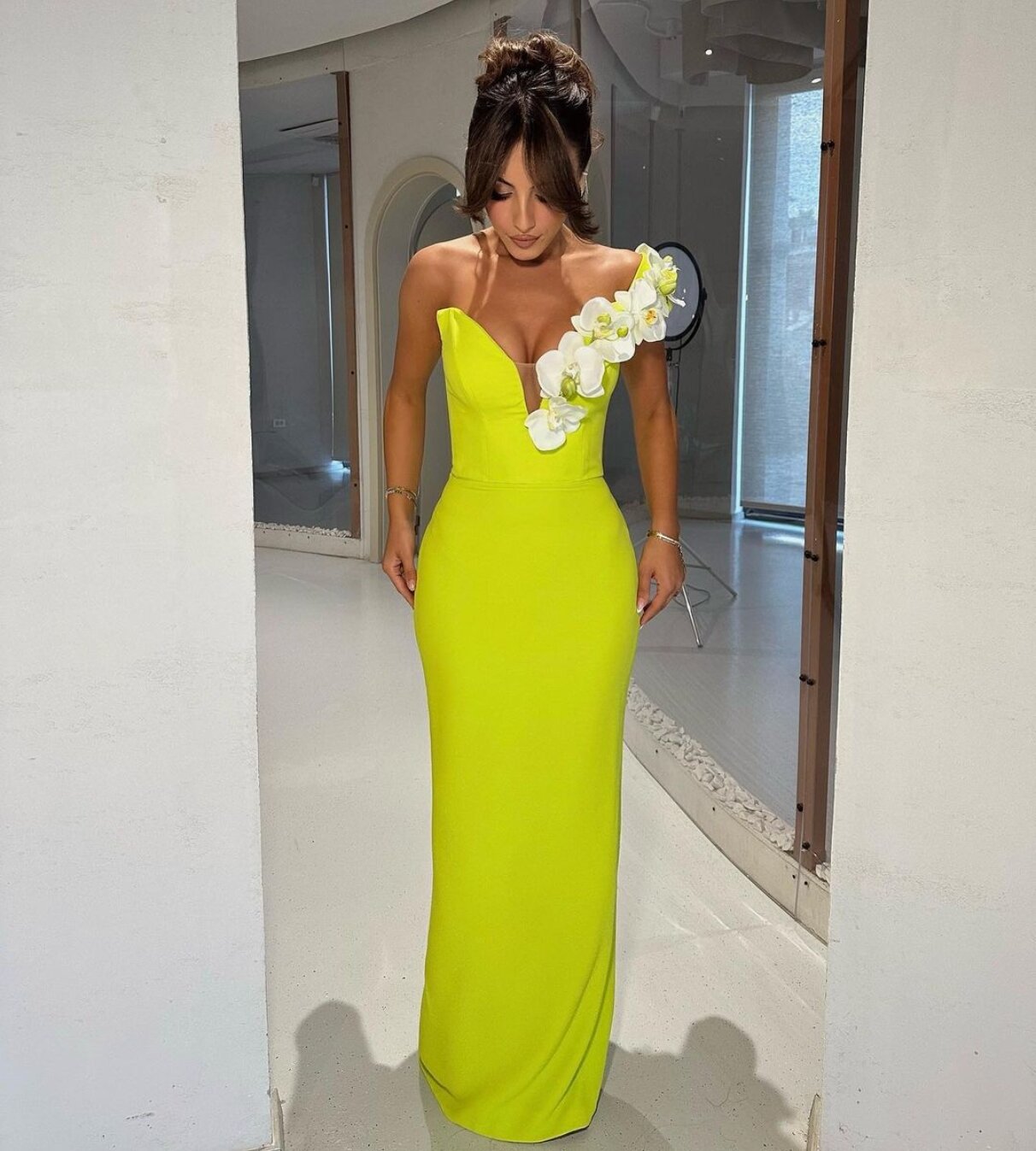 Floral One Shoulder Maxi Dress Lime