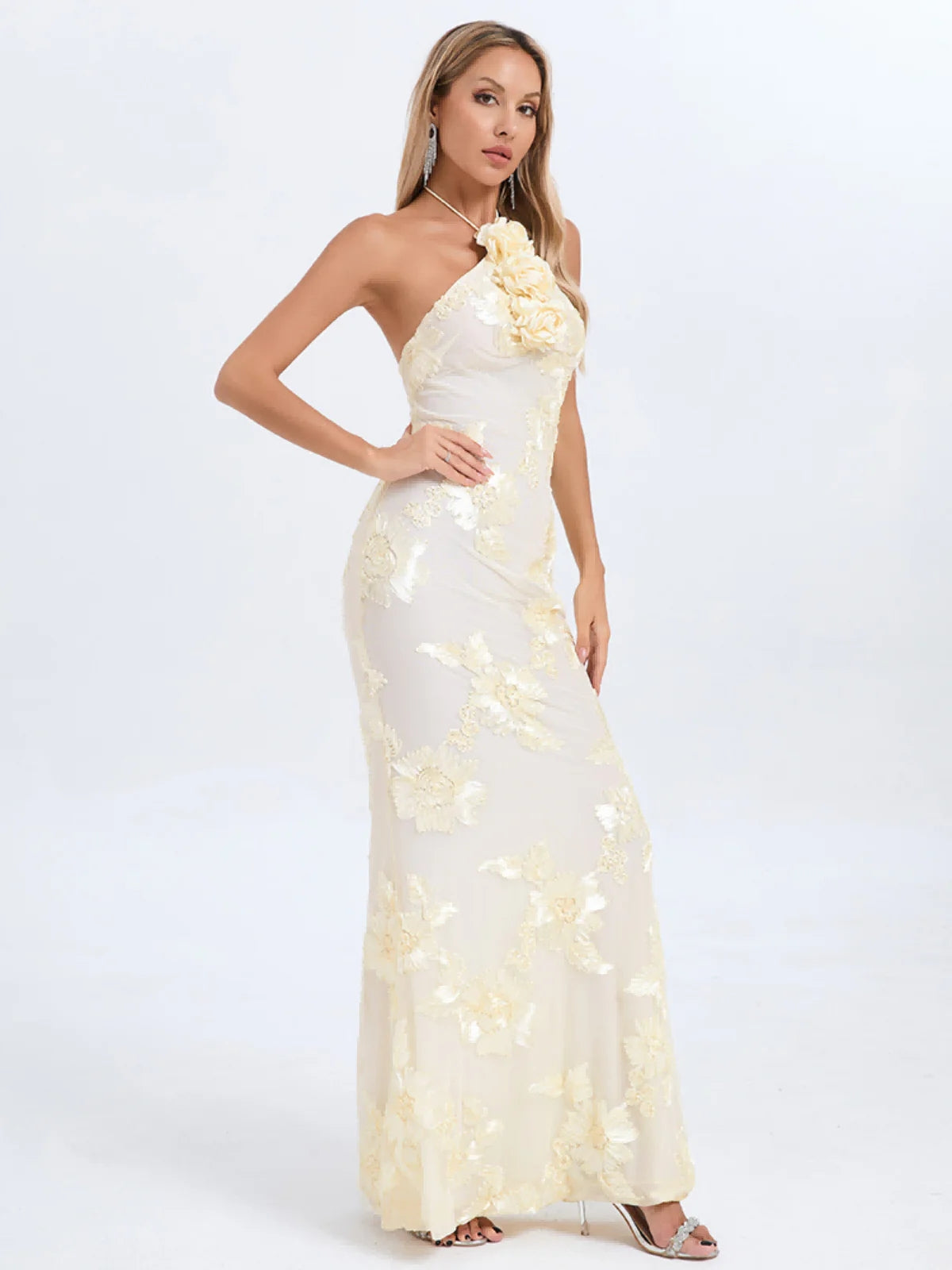 Halter Floral Maxi Dress Ivory HV1527
