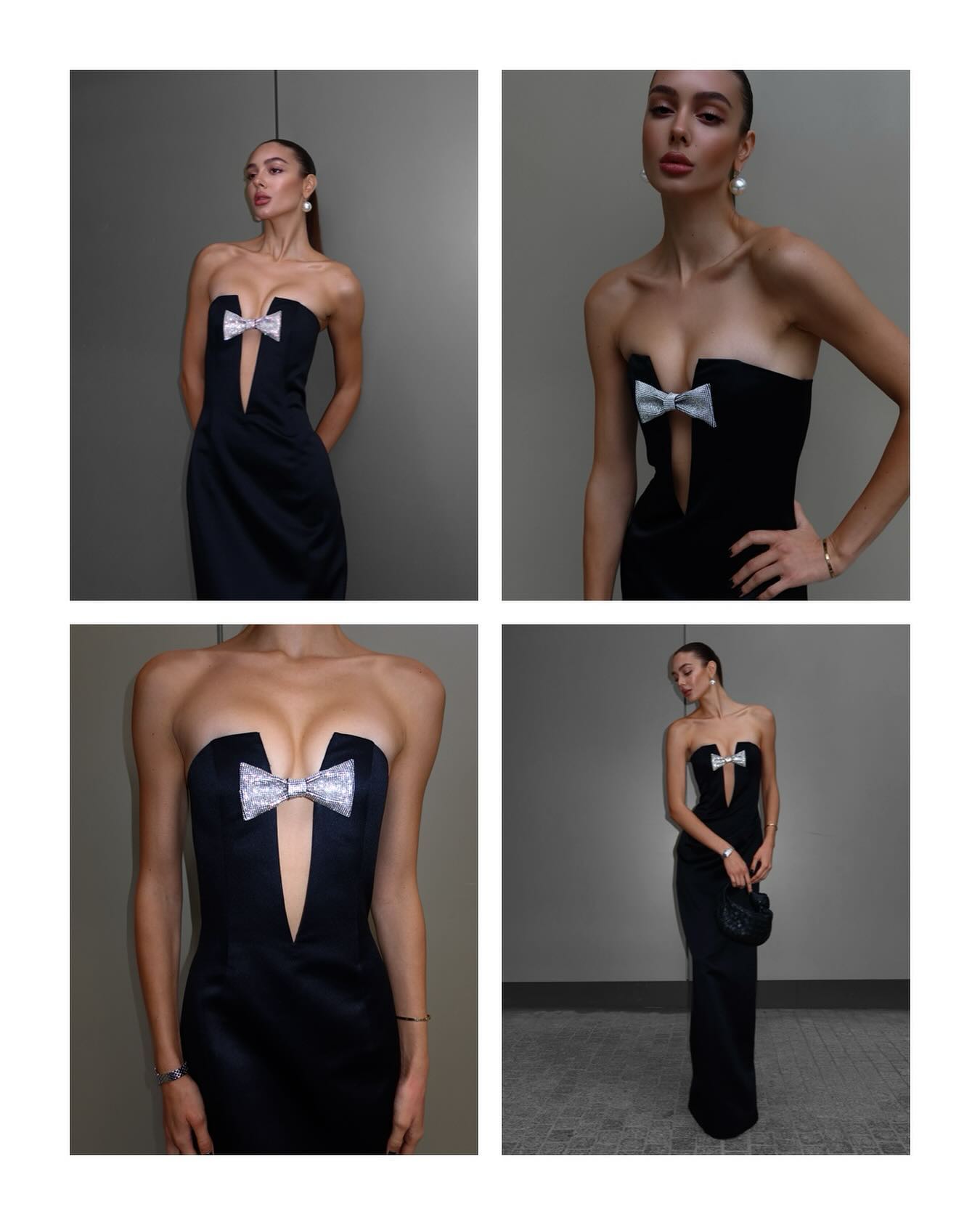 Strapless Crystal Bow Maxi Dress Black HV1775