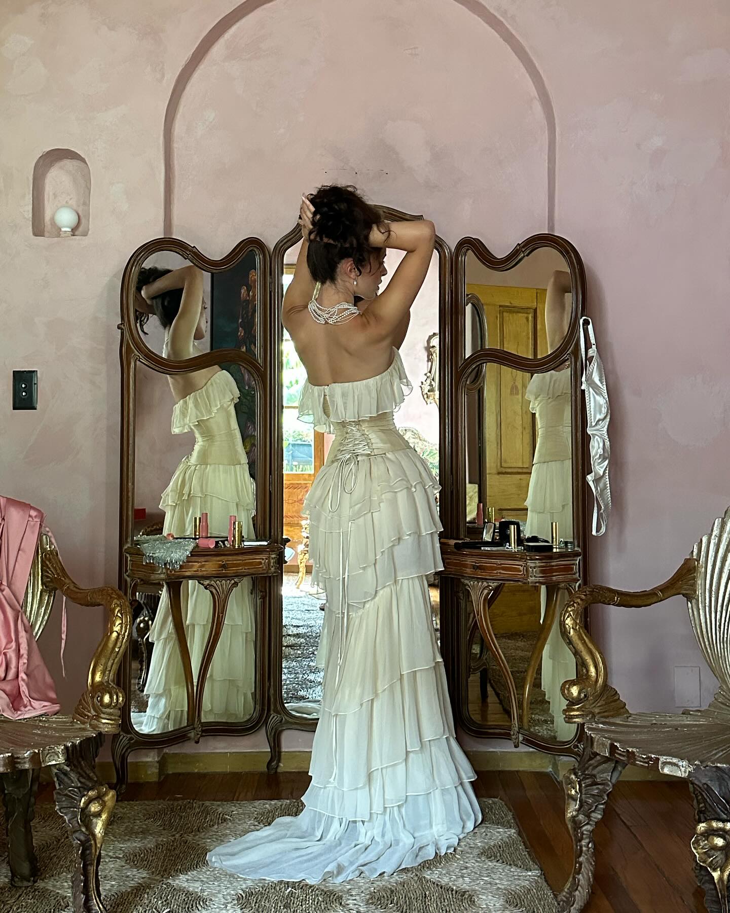 Strapless Corset Ruffle Maxi Dress Ivory HV1230