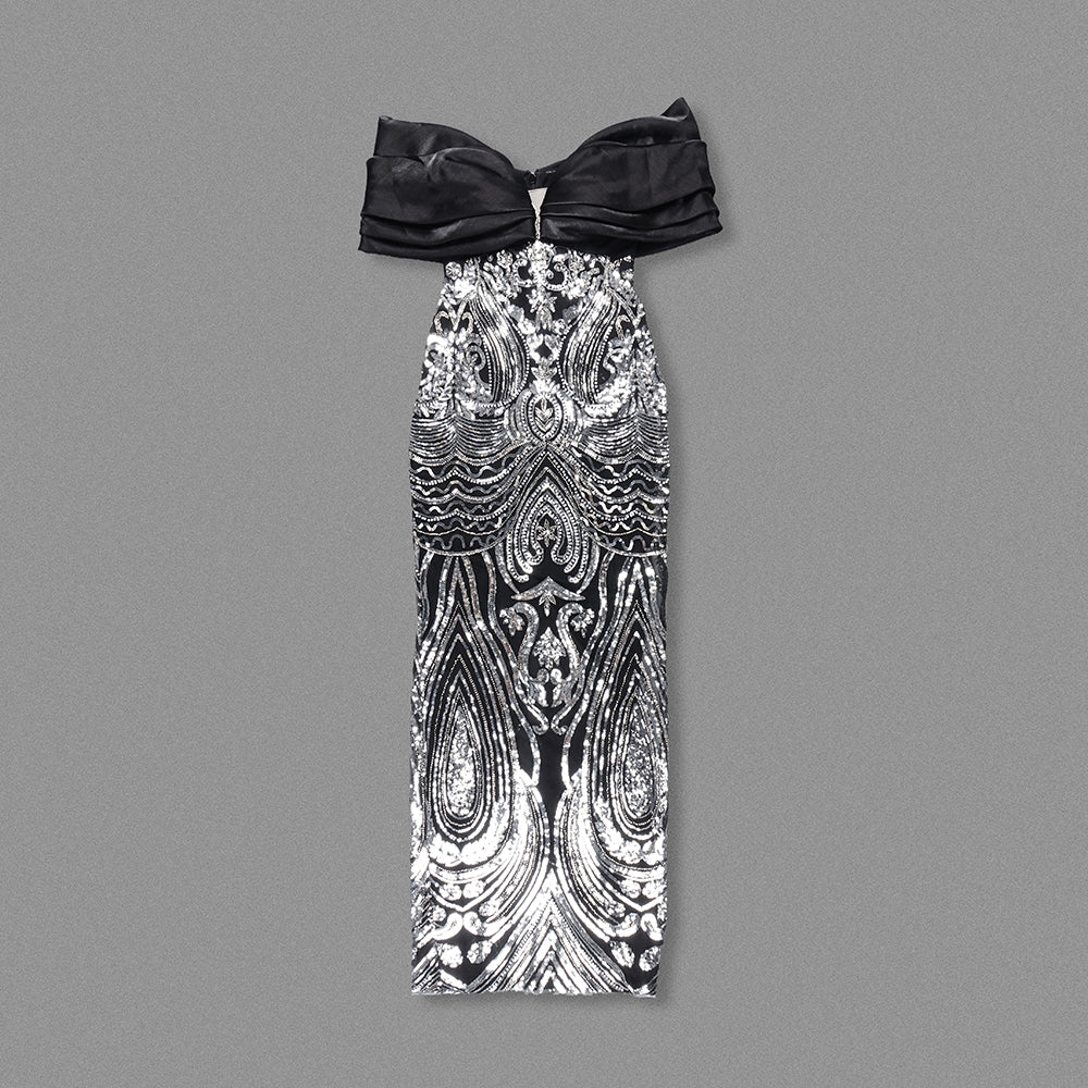 Draped Bardot Sequin Maxi Dress Black HV2052