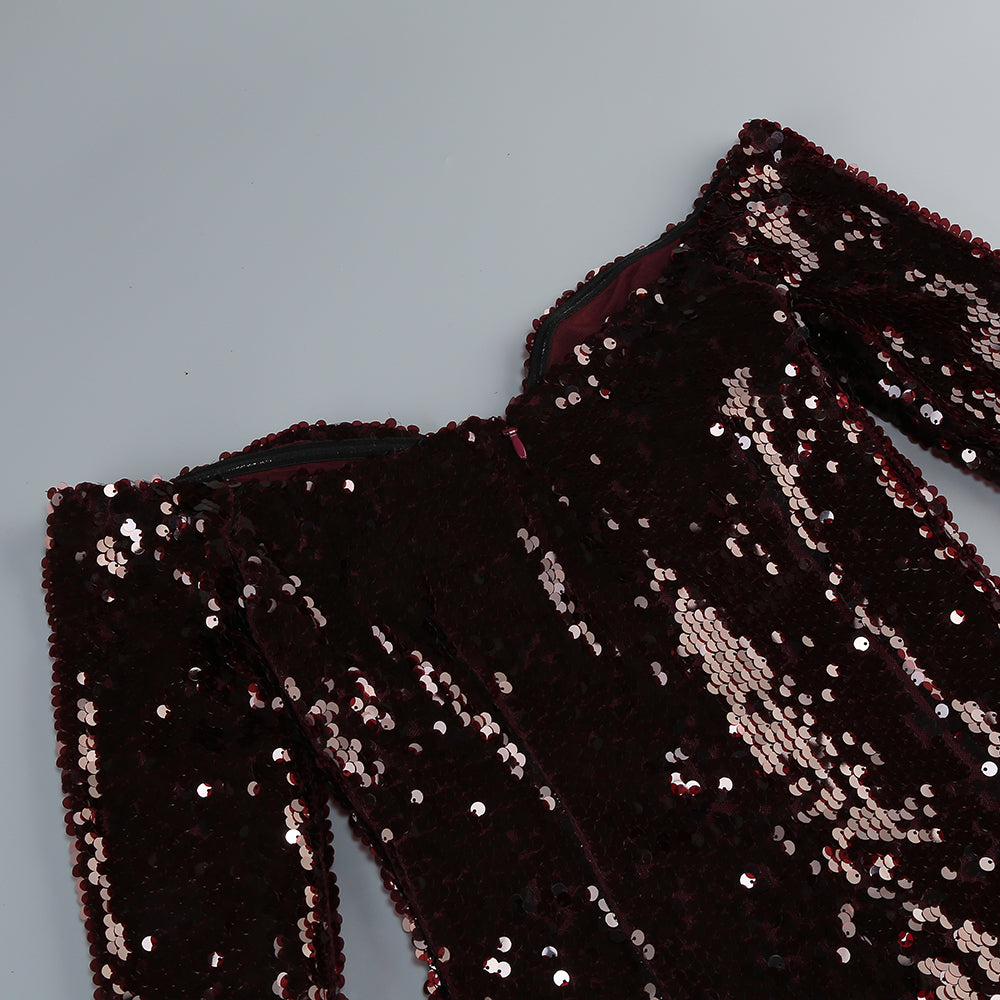 Long Sleeve Bardot Sequin Maxi Dress Brown HV1929