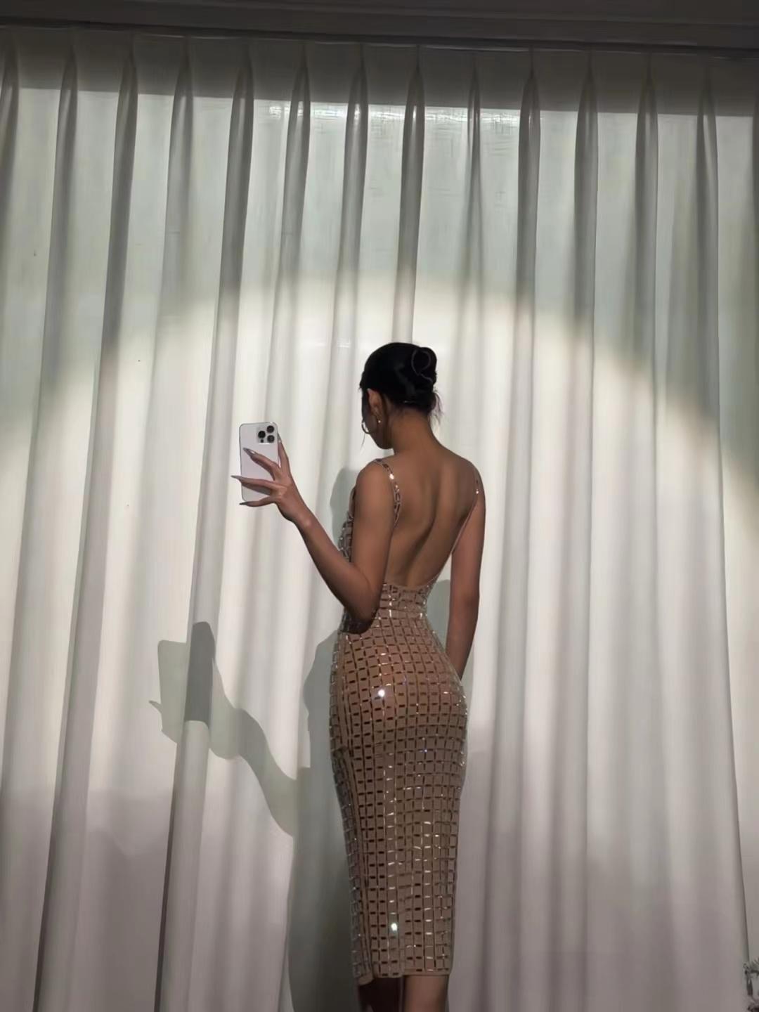 Embellished Backless Midi Dress Nude HV2205