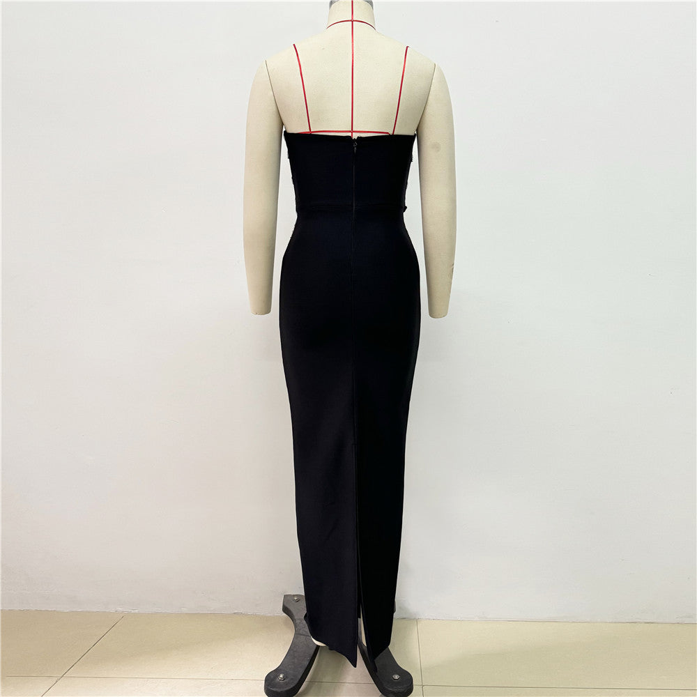 Strapless Crystal Trims Maxi Dress Black HV2003