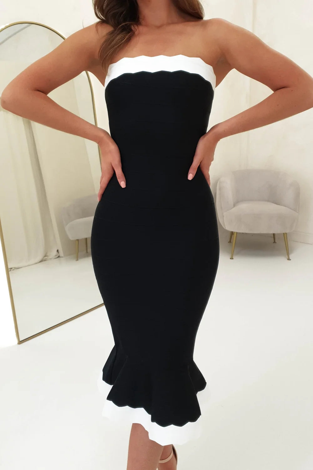 Strapless Scalloped Fluted Midi Dress Black White HV1334