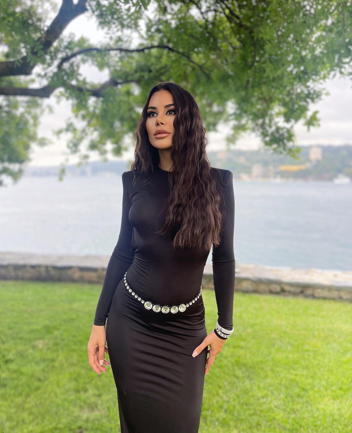 Long Sleeve Crystal Belt Maxi Dress Black HV9973