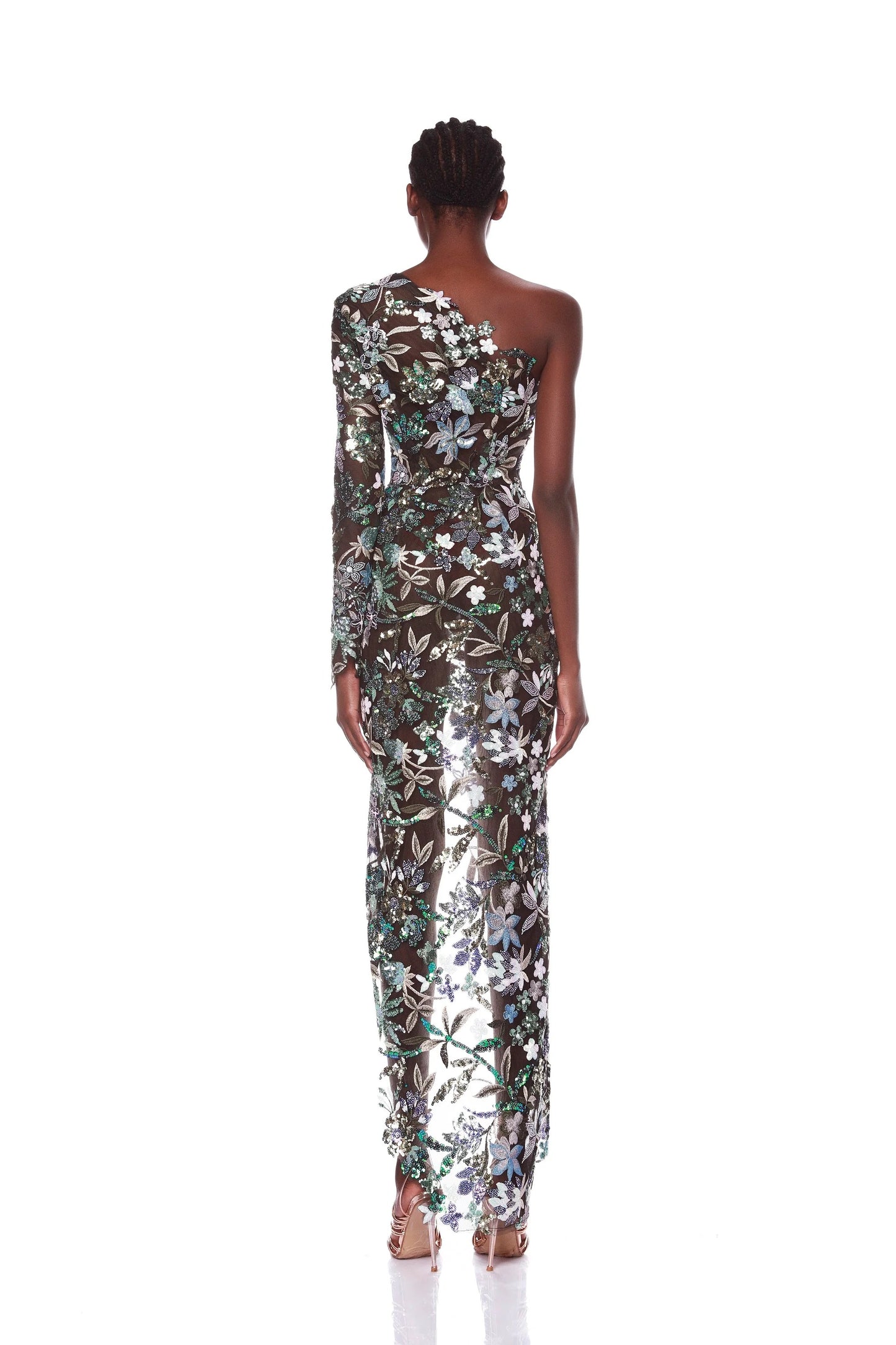 One Sleeve Sequin Floral Maxi Dress HV1608