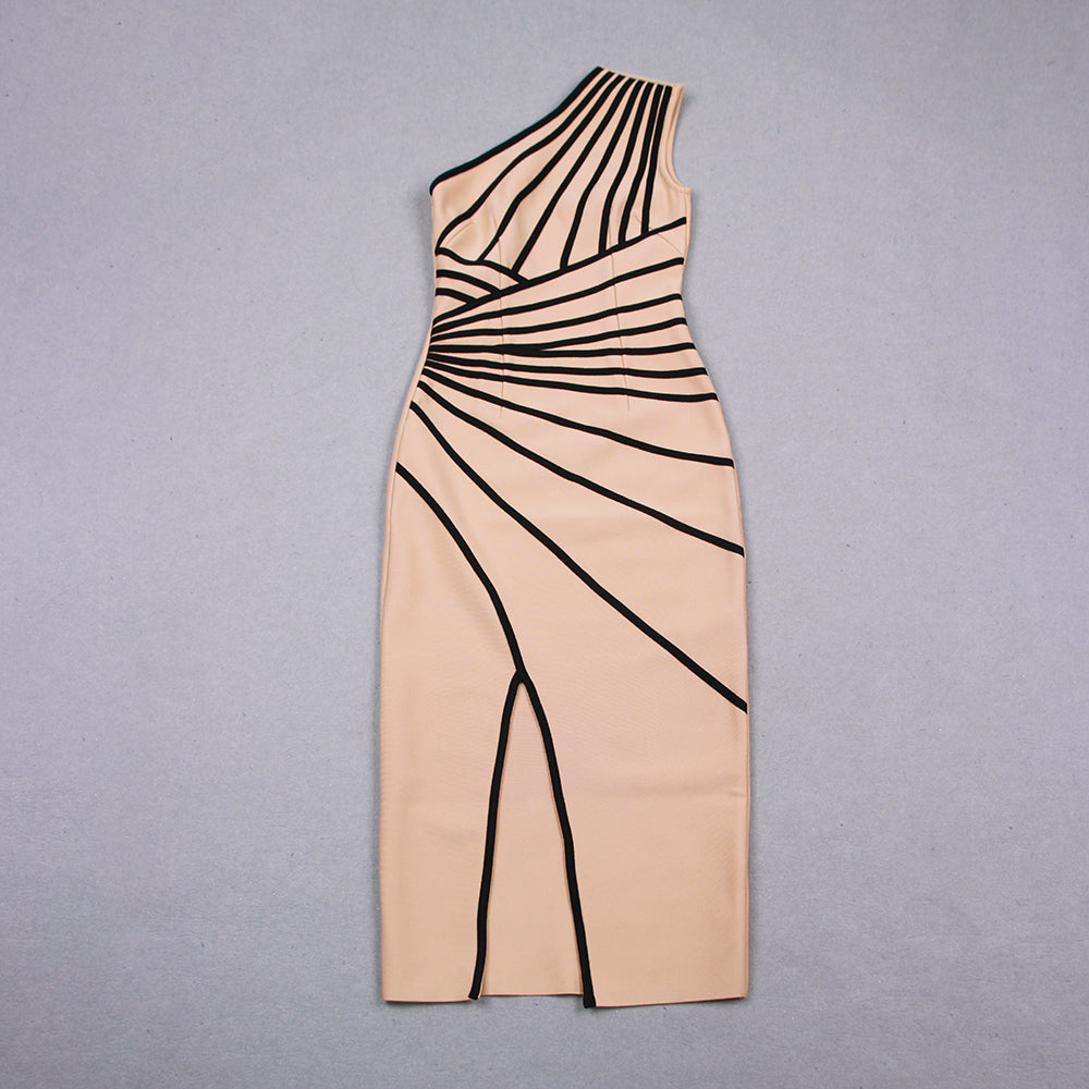 One Shoulder Black Trim Midi Dress Nude HV9951