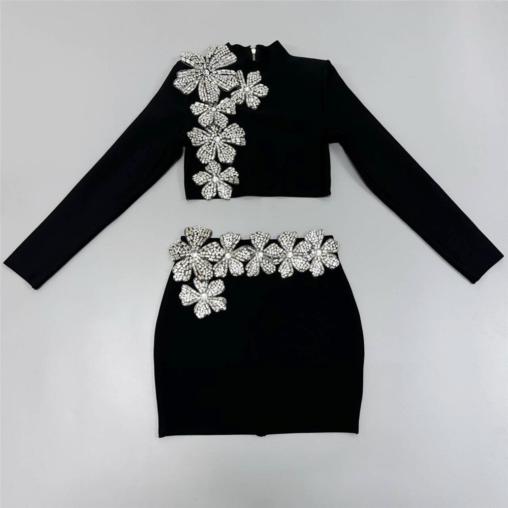 Long Sleeve Crystal Floral Detail Two Piece Dress HV2004