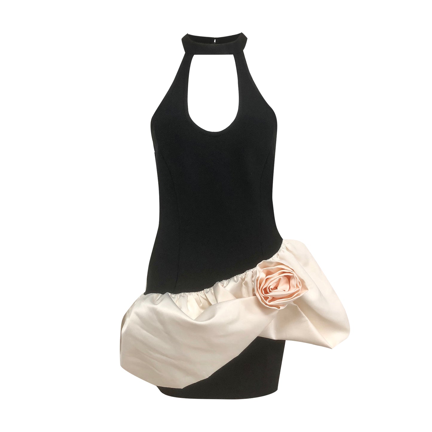 Halter Floral Puff Dress Black Ivory HV2164