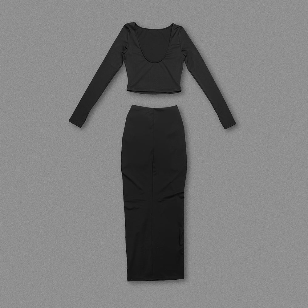 Long Sleeve Ruffle Two Piece Maxi Dress Black HV1050
