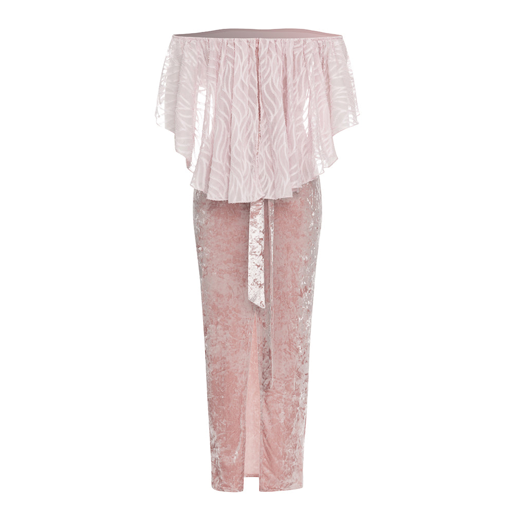Ruffle Off Shoulder Maxi Velvet Dress Pink HV9754