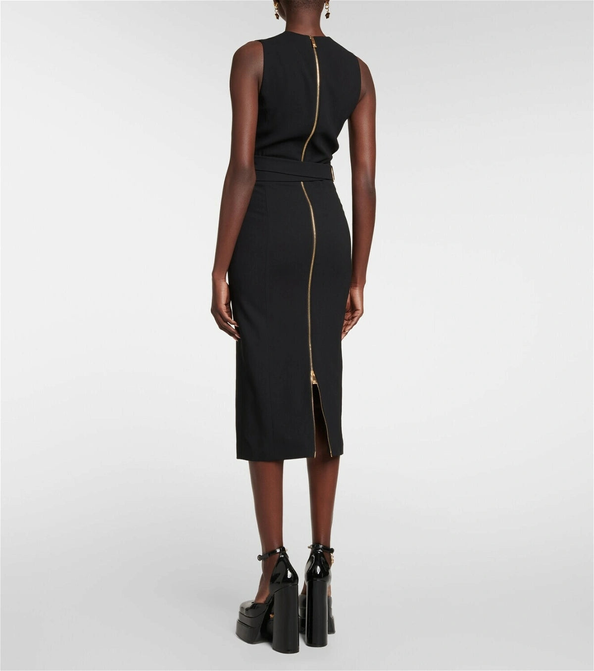 Plunge V Neck Belt Detail Midi Dress Black HV1220