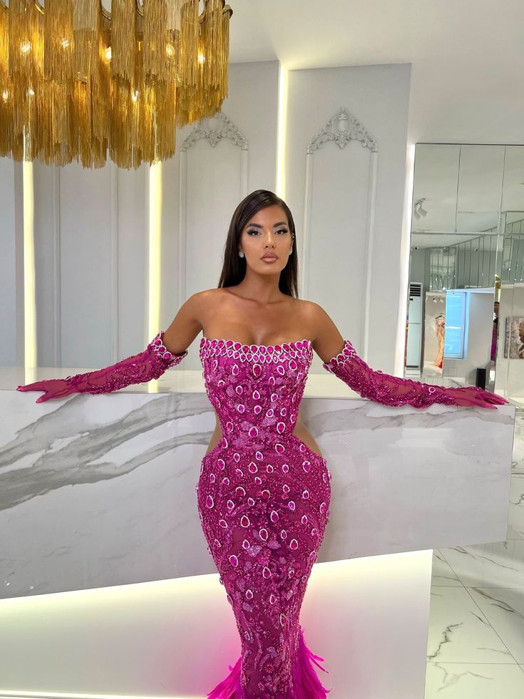 Strapless Sequin Feather Maxi Dress Hot Pink HV1553