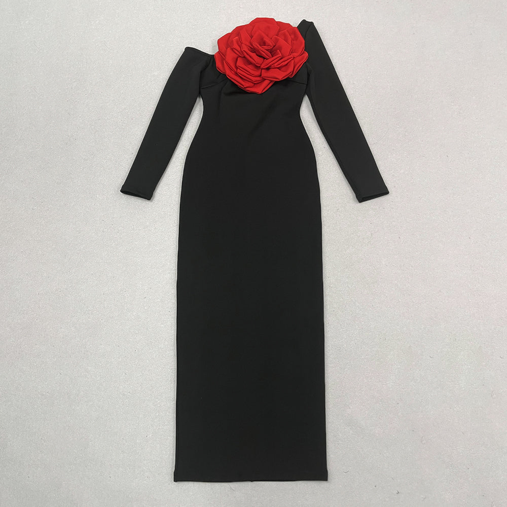 Long Sleeve Rose Detail Maxi Dress Black Red HV1031