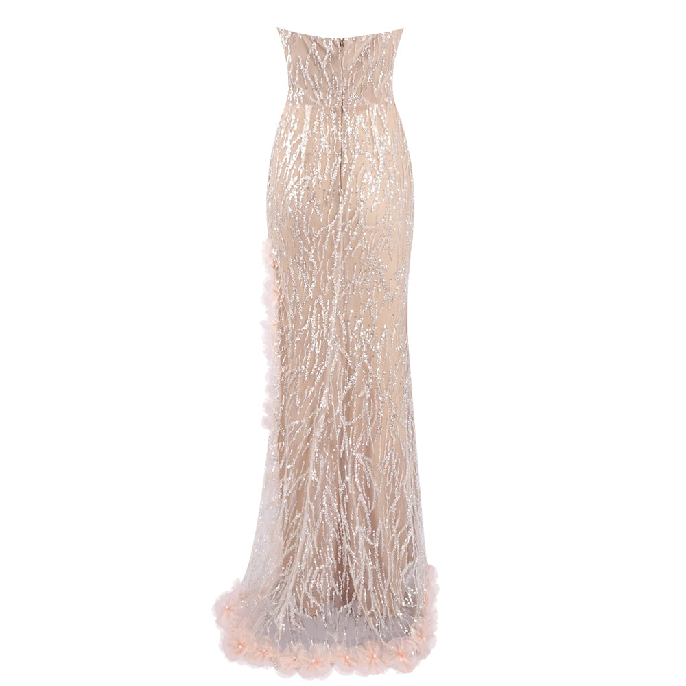Strapless Floral Sequin Maxi Dress Nude HV2322