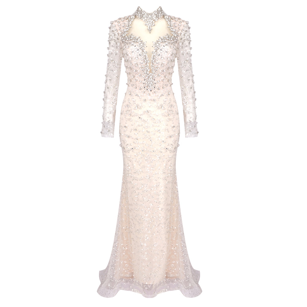 Long Sleeve Crystal Backless Maxi Dress Nude HV2000