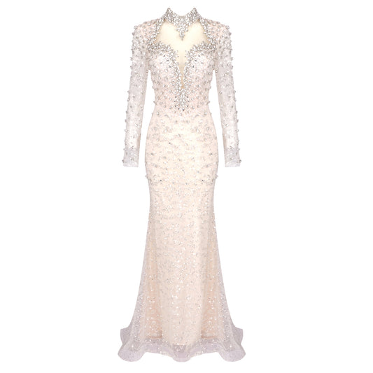 Long Sleeve Crystal Backless Maxi Dress Nude HV2000