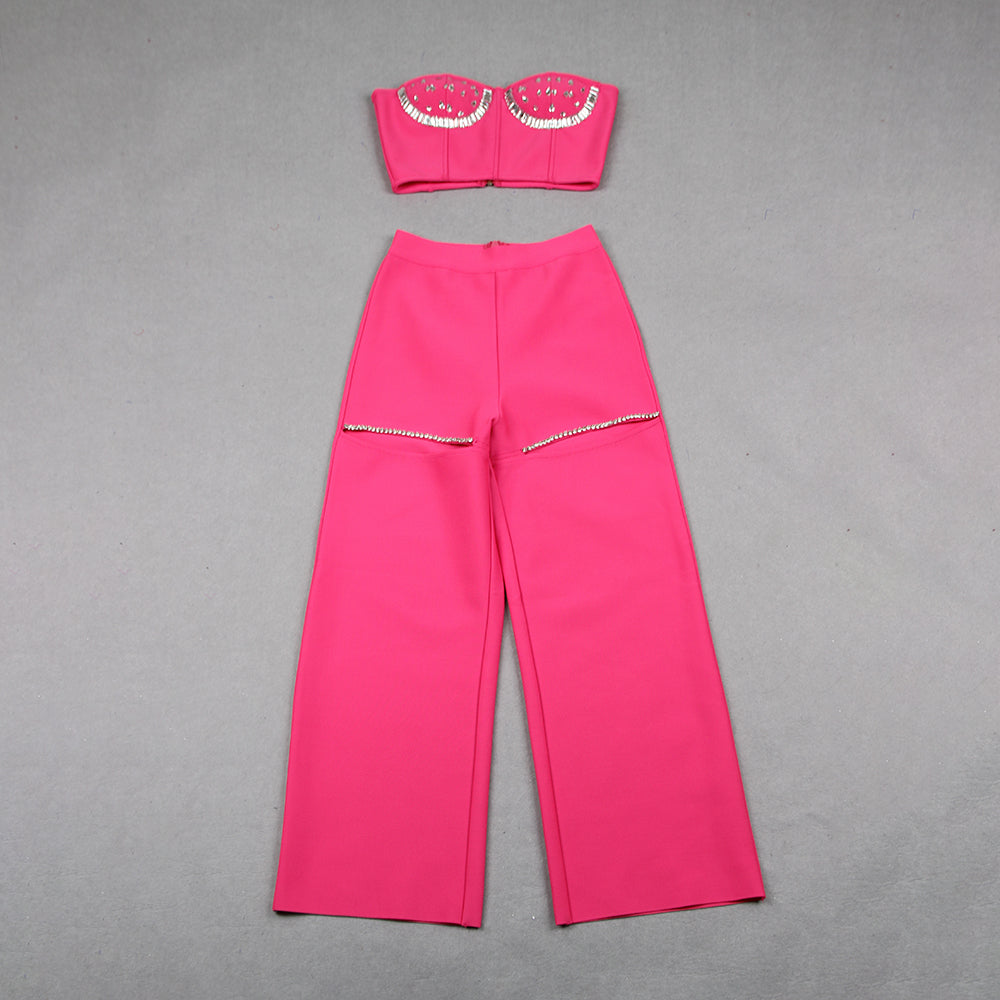 Strapless Crystal Bustier Two Piece Jumpsuit Hot Pink HV9772