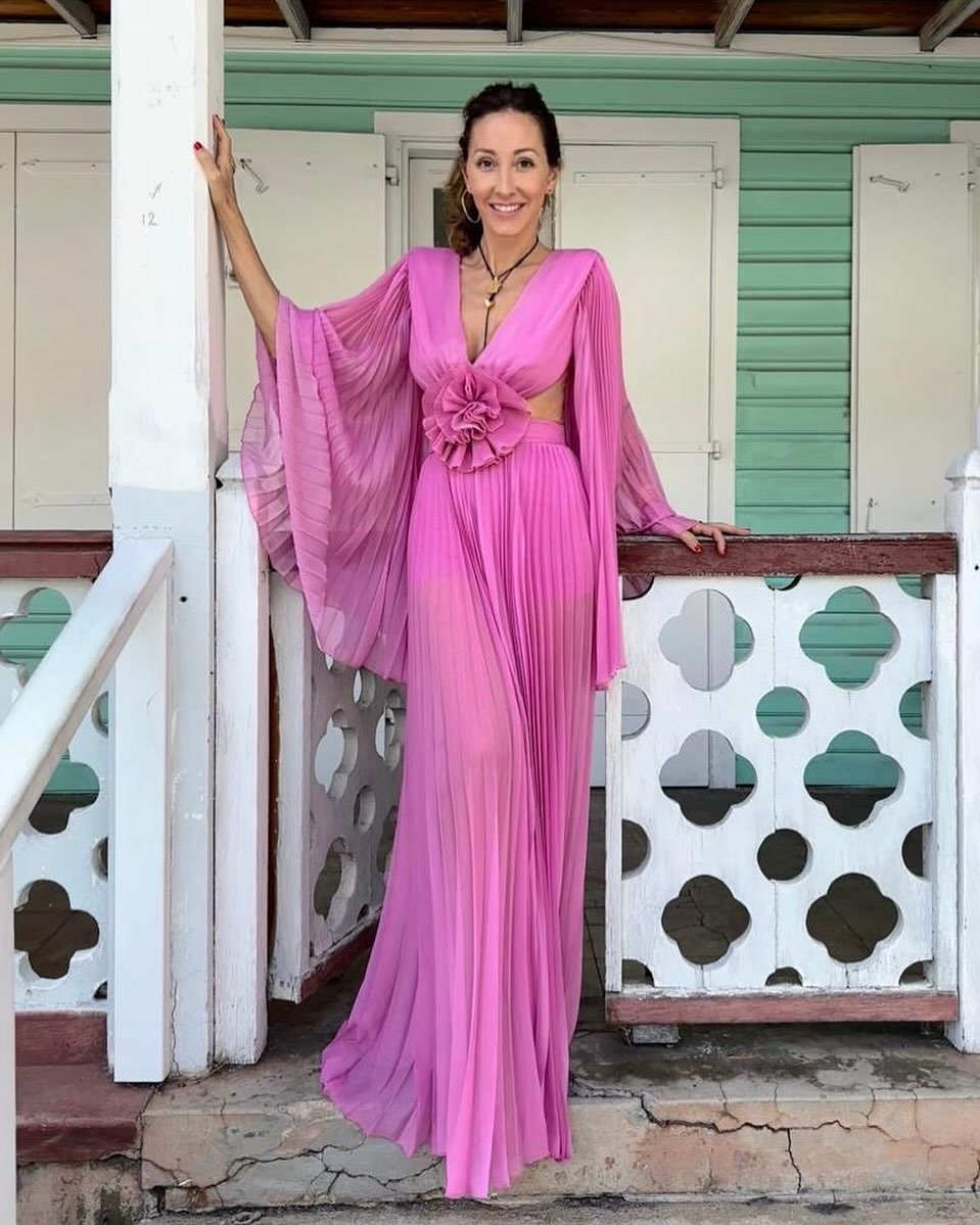 Long Sleeve Pleated Floral Jumpsuit Hot Pink HV1525
