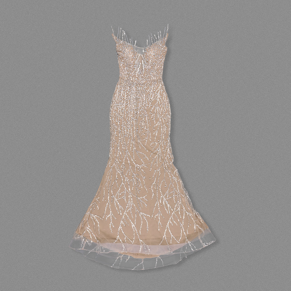 Strapless Crystal Pearl Sequin Maxi Dress Nude HV2146