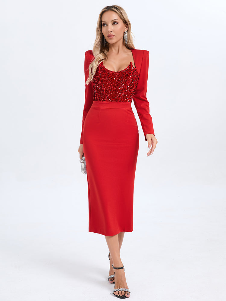 Long Sleeve Sequin Insert Midi Dress  HV1565
