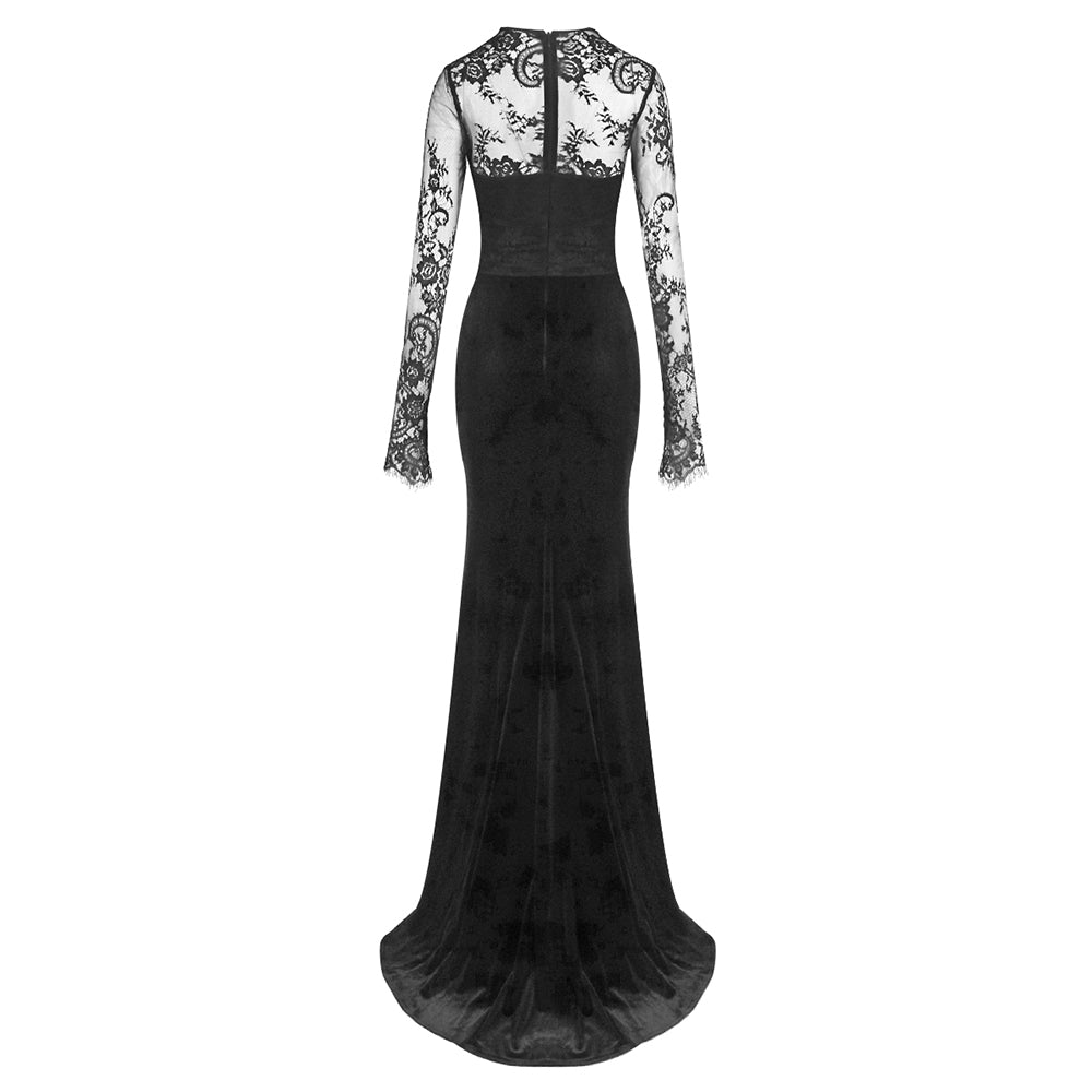Long Sleeve Halter Sequin Lace Maxi Dress Black HV2231