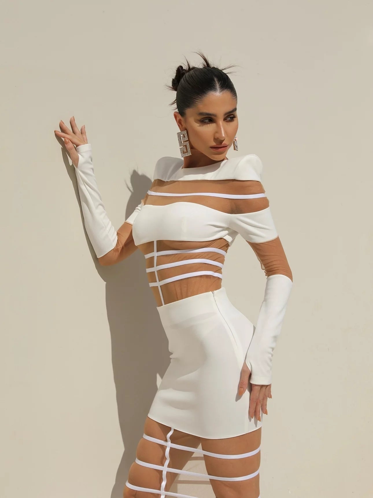 Long Sleeve Mesh Insert Midi Dress HV1502