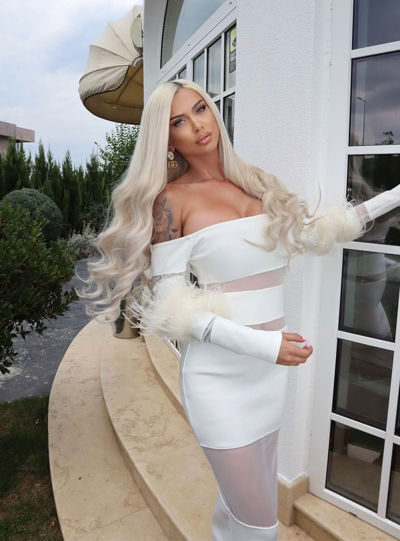 Feather Long Sleeve Off Shoulder Midi Dres HV9566
