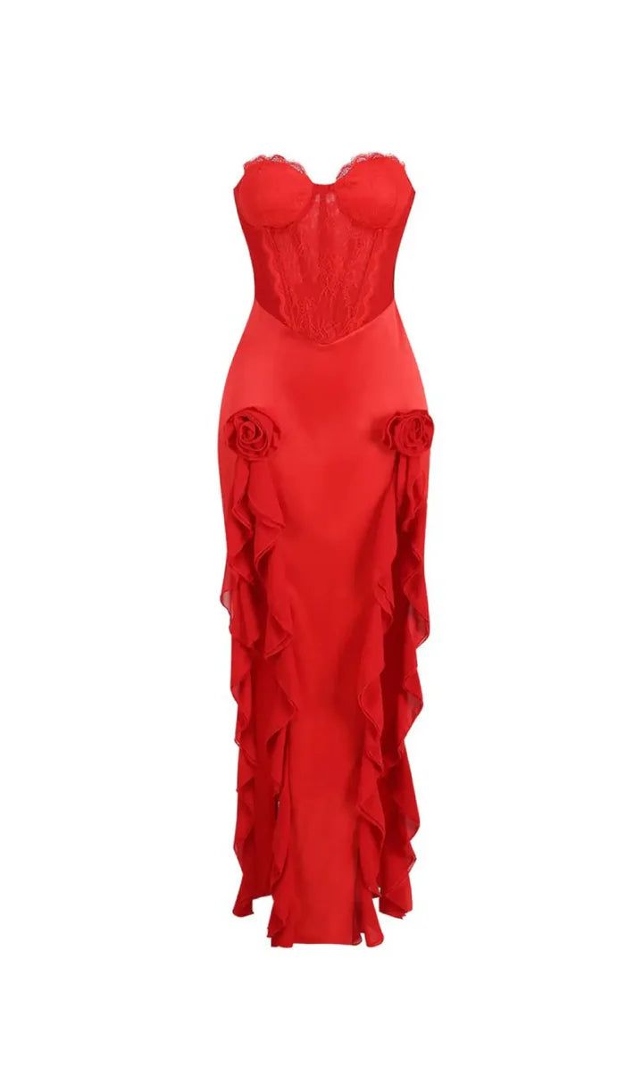 Strapless Lace Corset Ruffle Maxi Dress HV1025