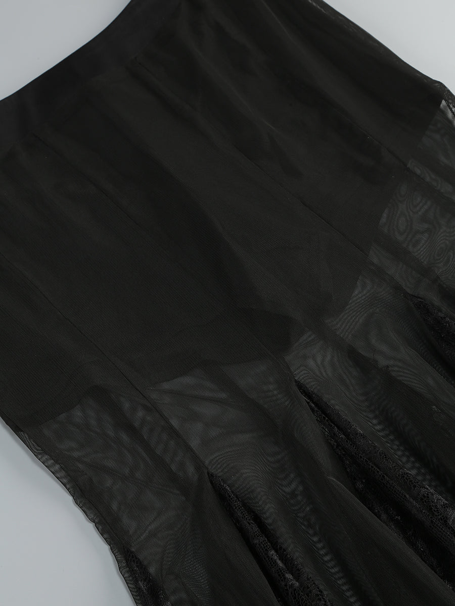 Strapless Lace Corset A Line Two Piece Maxi Dress Black