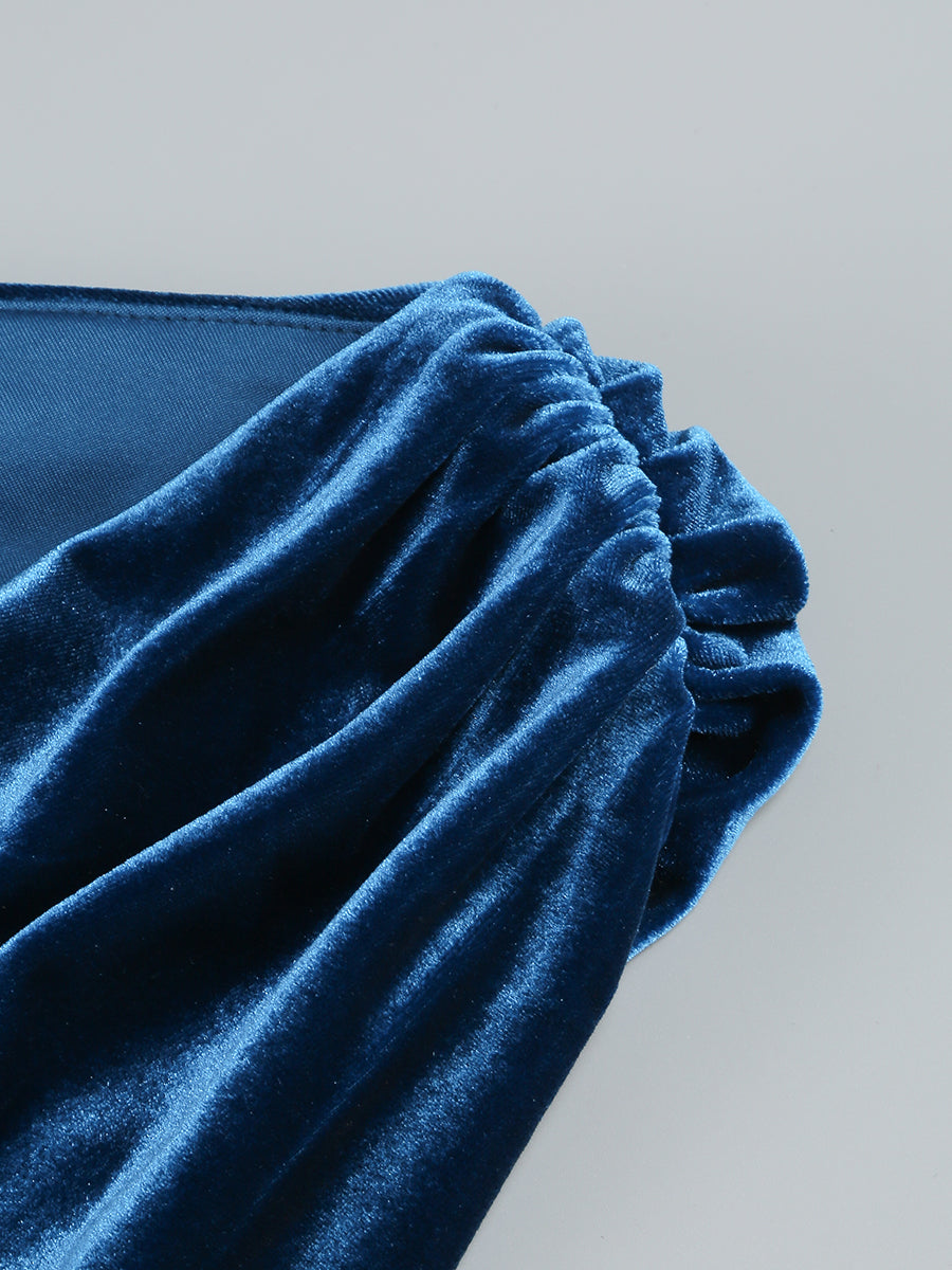One Sleeve Maxi Velvet Dress Blue