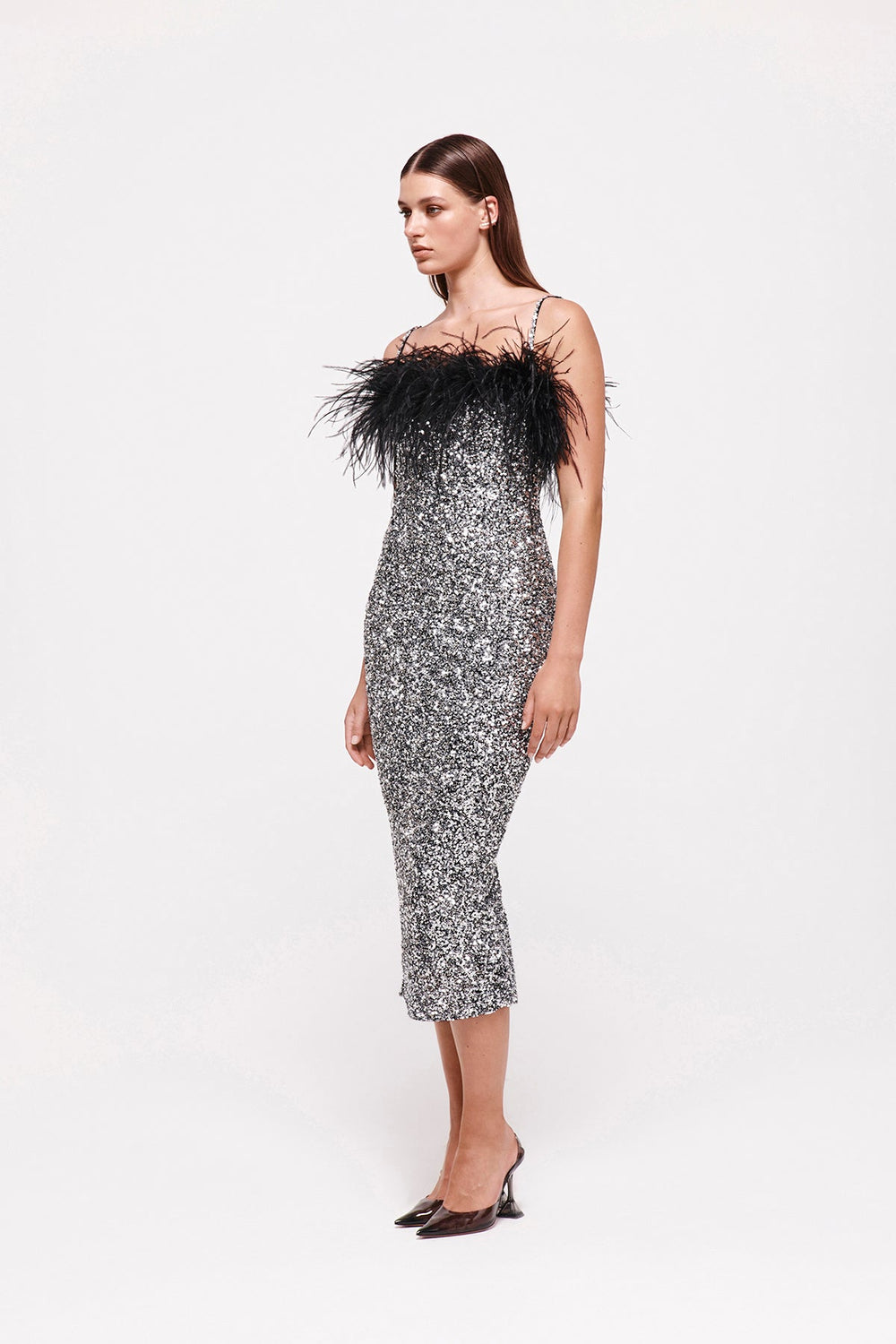 Feather Detail Sequin Midi Dress Pink White
