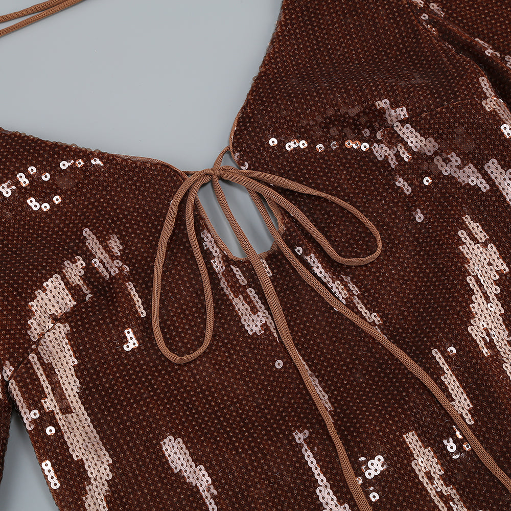 Long Sleeve Sequin Backless Dress Brown