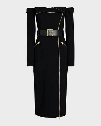 Long Sleeve Off Shoulder Belt Midi Dress Black HV9903