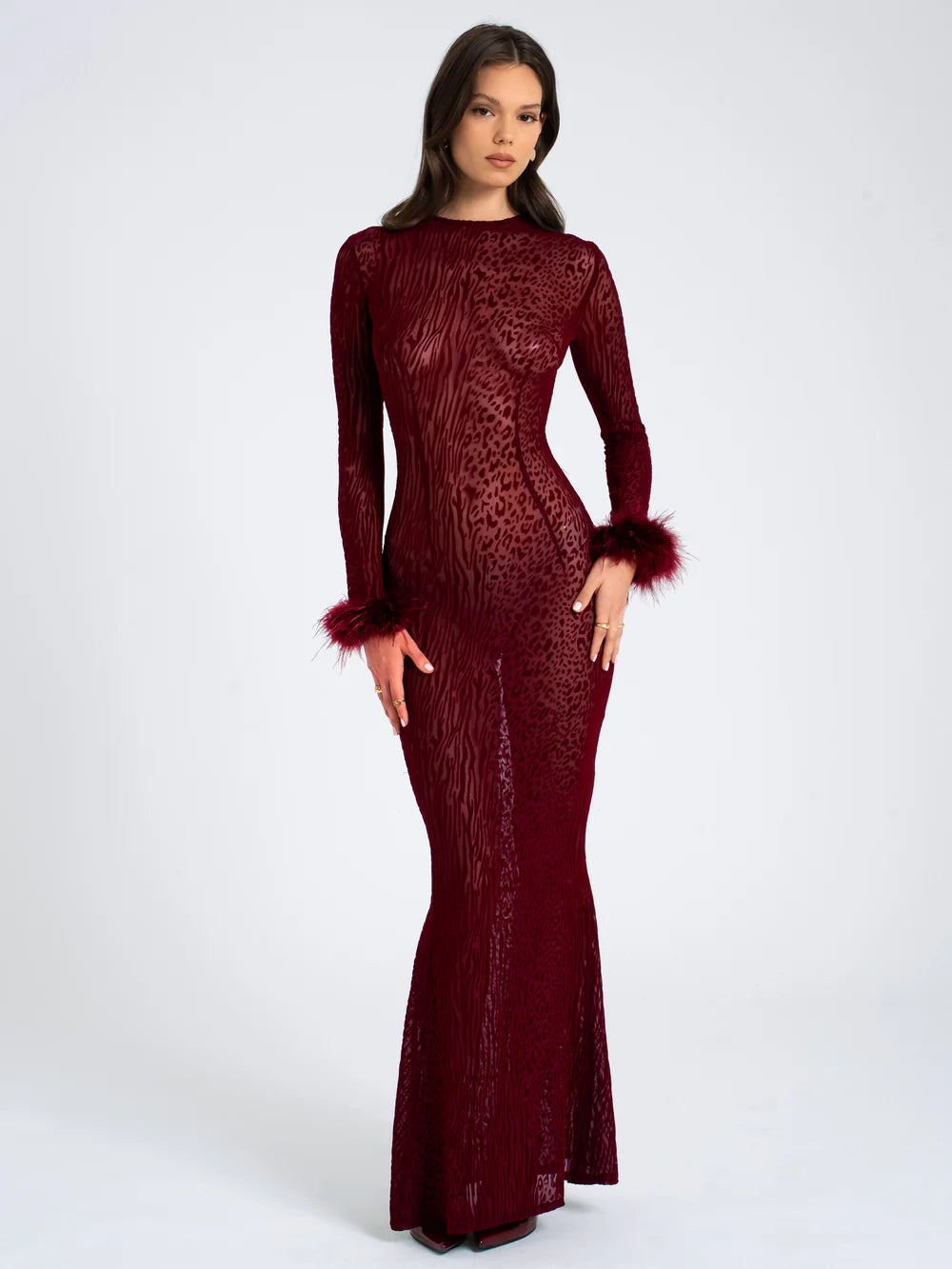 Long Sleeve Backless Maxi Dress Burgundy HV1902