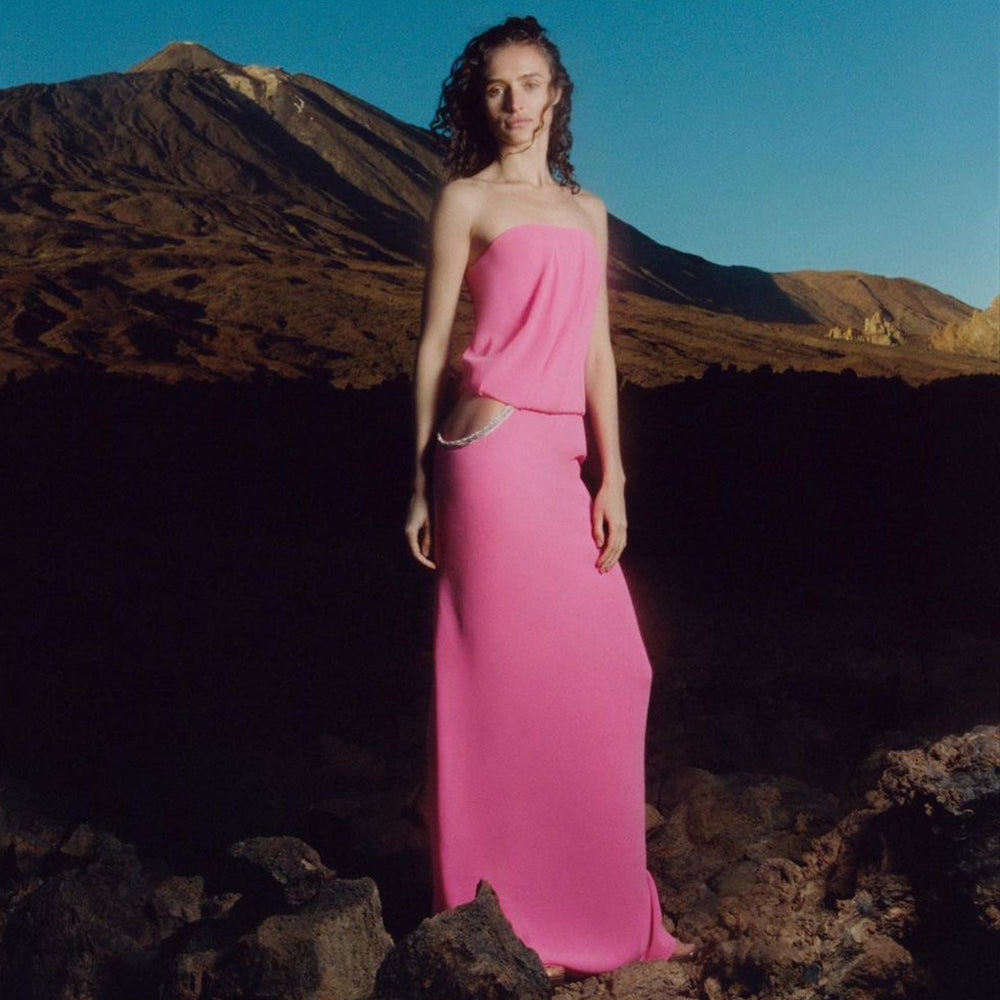 Strapless Crystal Cut Out Maxi Dress Hot Pink HV9724