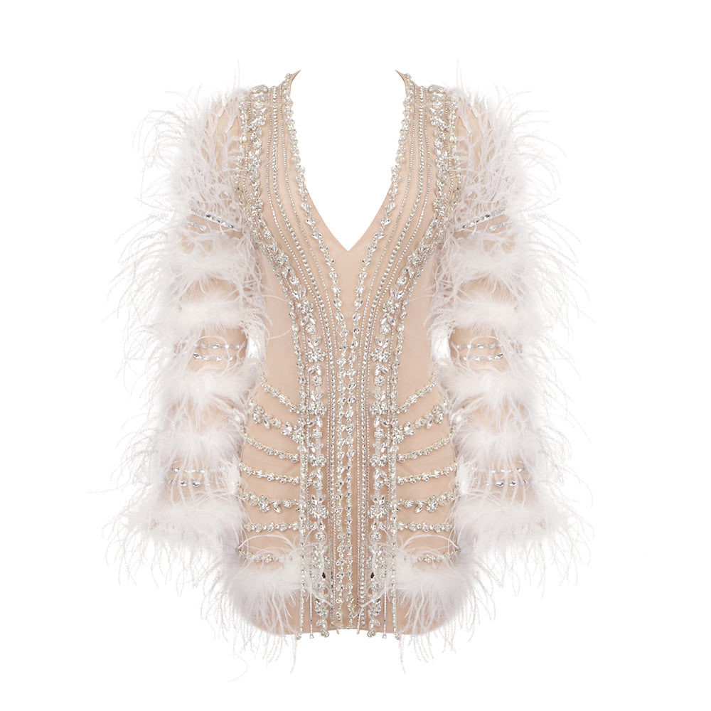 Feather Long Sleeve Crystal Dress Nude HV1694