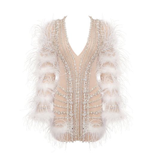 Feather Long Sleeve Crystal Dress Nude HV1694