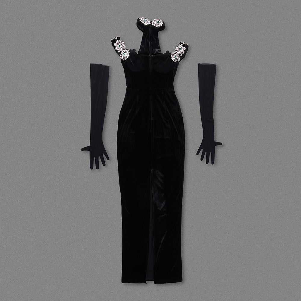 Halter Crystal Bardot Velvet Dress Maxi Black HV1495