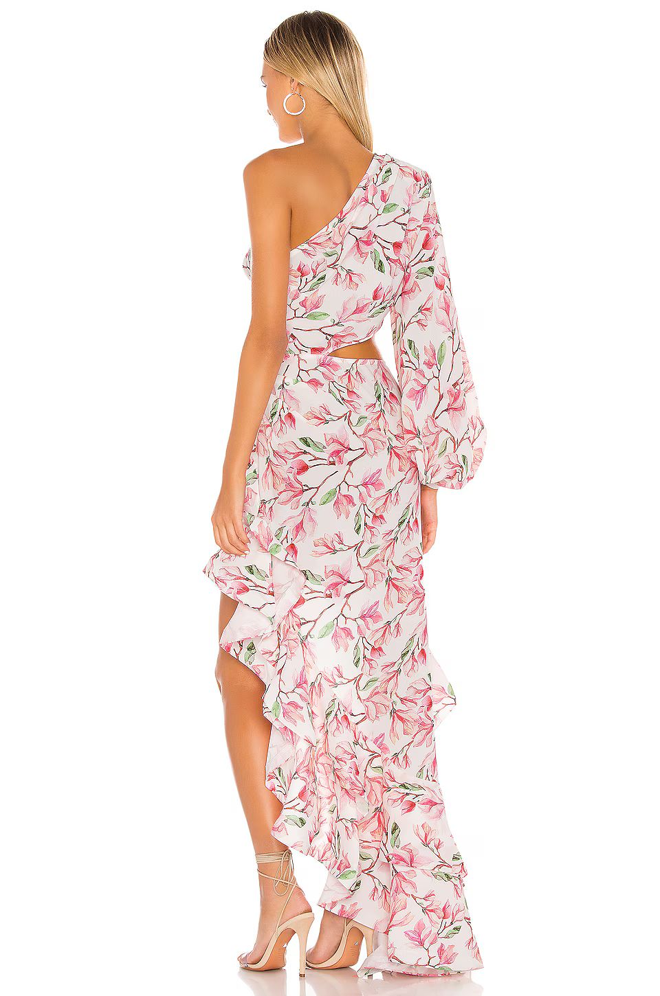 One Sleeve Floral Ruffle Maxi Dress Rose Pink HV1367