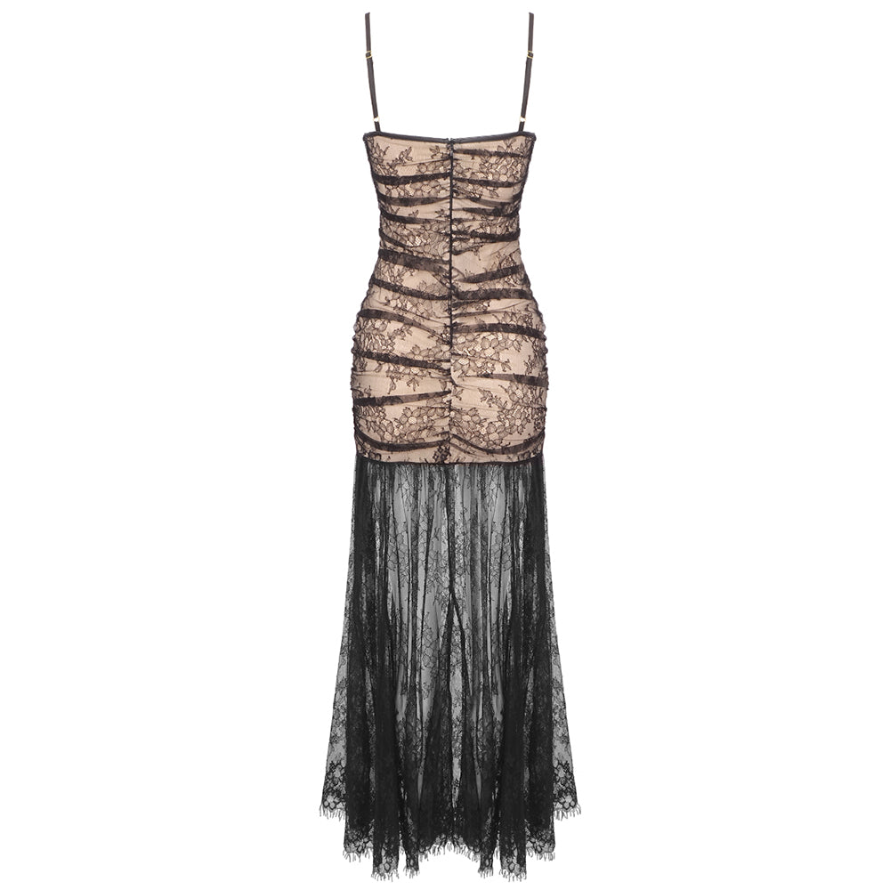 Lace Corset A Line Maxi Dress Black Nude HV1766