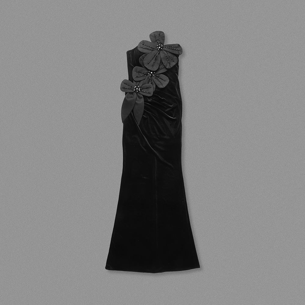 Strapless Floral Detail Maxi Velvet Dress Black HV2083