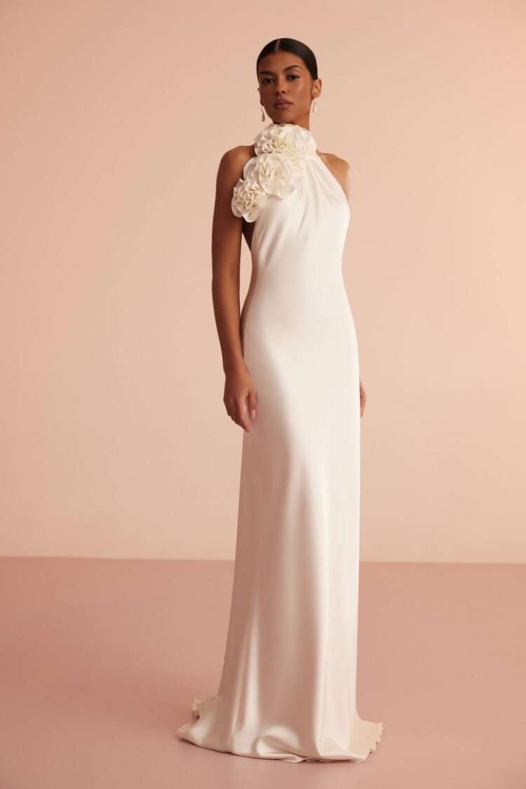 Halter Floral Detail Maxi Dress White HV1995