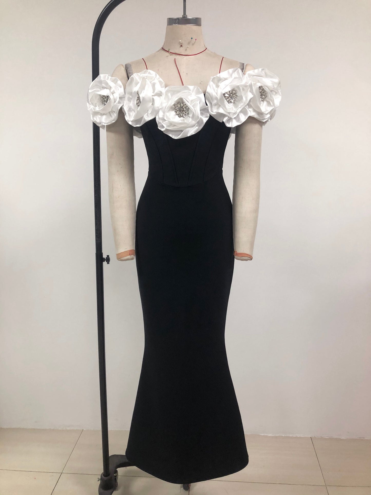 Crystal Detail Floral Bardot Maxi Dress Black White HV1395