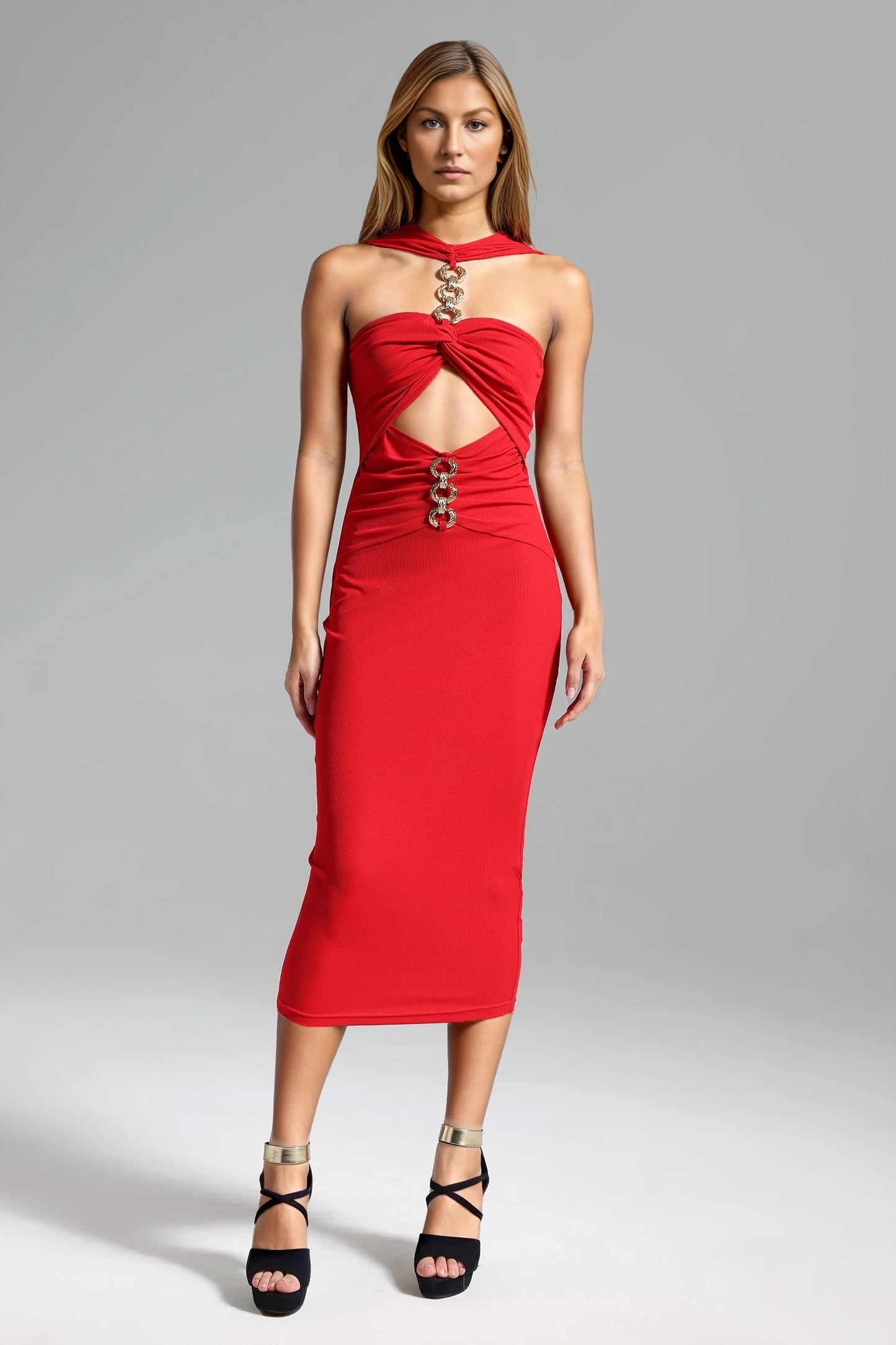 Halter Chain Detail Midi Dress HV1391