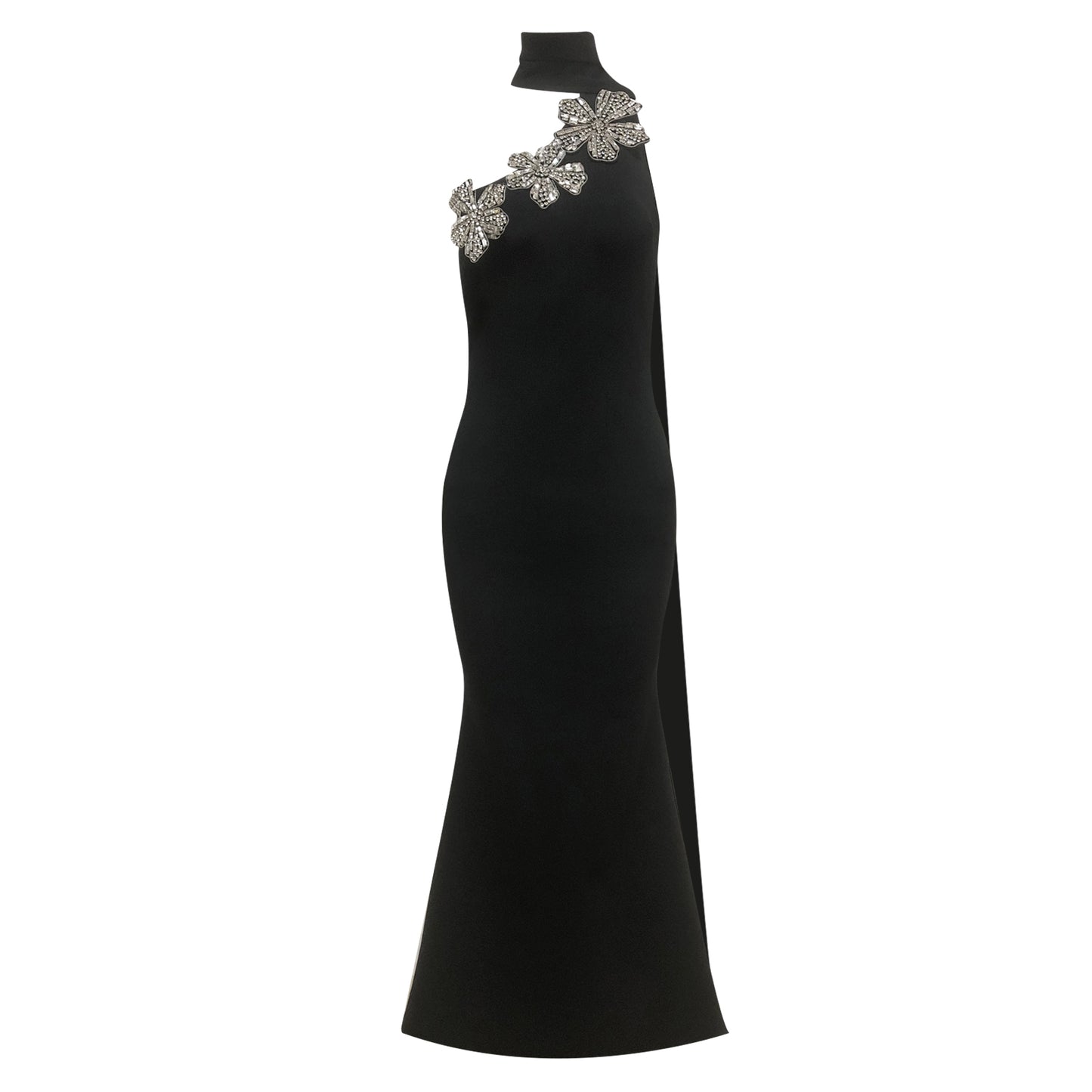 Halter Crystal Flowers Maxi Dress Black