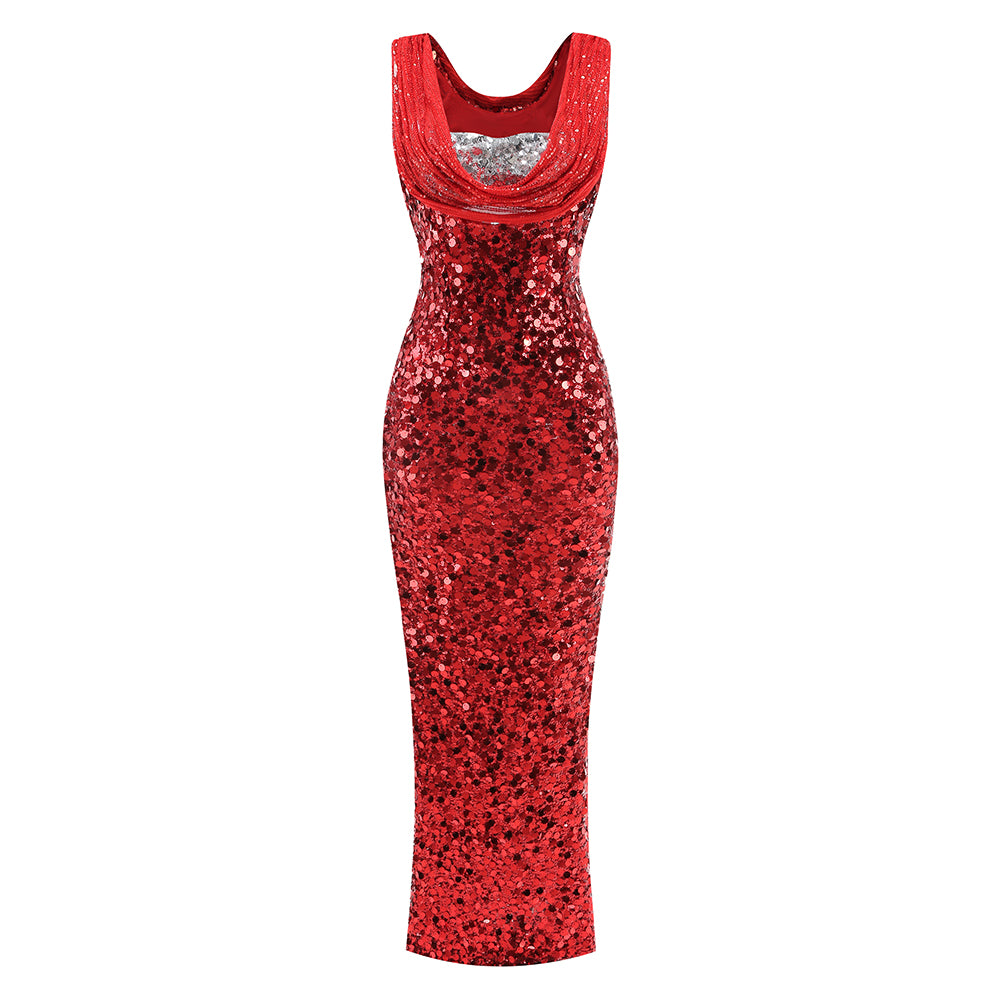 Draped Sequin Maxi Dress Red Silver HV1924