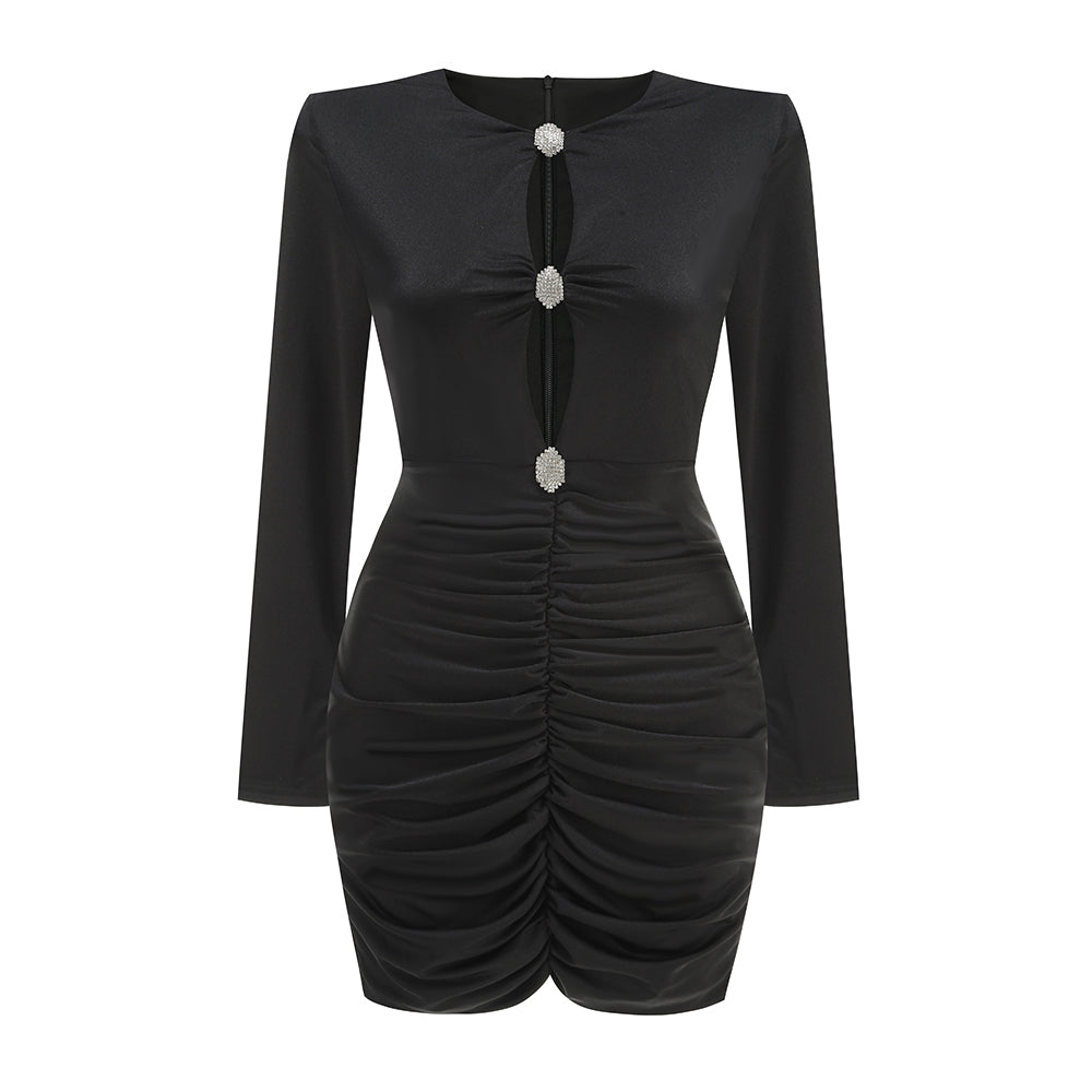 Long Sleeve Ruched Cut Out Dress Black HV2239